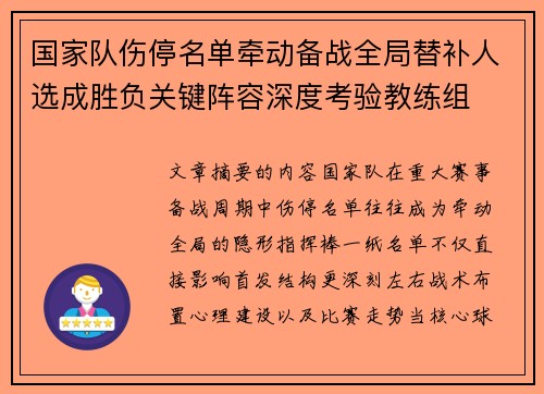 国家队伤停名单牵动备战全局替补人选成胜负关键阵容深度考验教练组