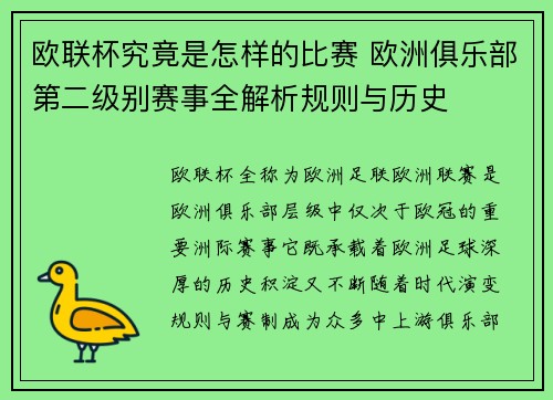 欧联杯究竟是怎样的比赛 欧洲俱乐部第二级别赛事全解析规则与历史